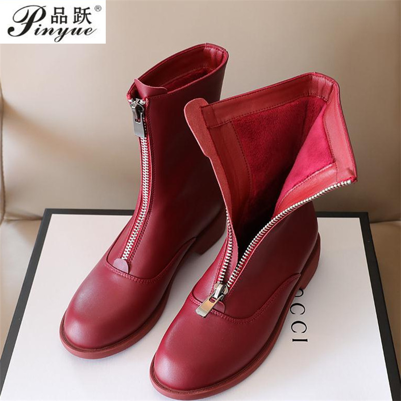 Sewing Front Zipper - Botas de piel auténtica con cremallera