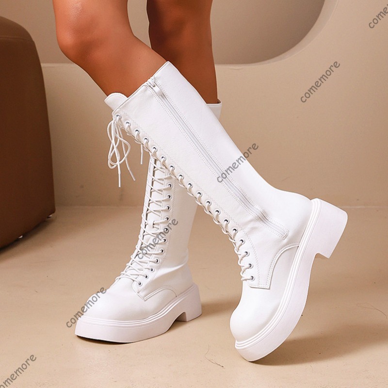 Sewing Front Zipper - Botas Largas de Plataforma Vintage para